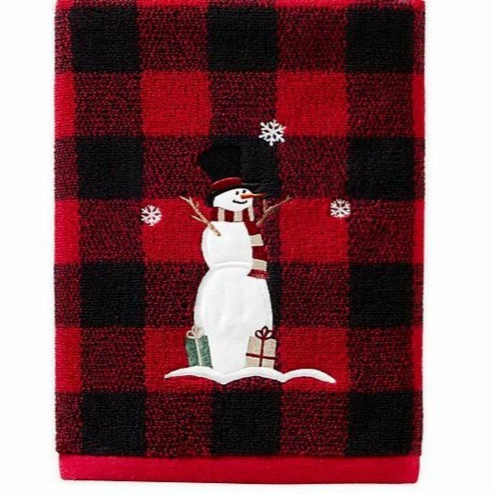 Christmas Snowman Bath Towels Embroidered Cabin Country Buffalo Check Set of 2
